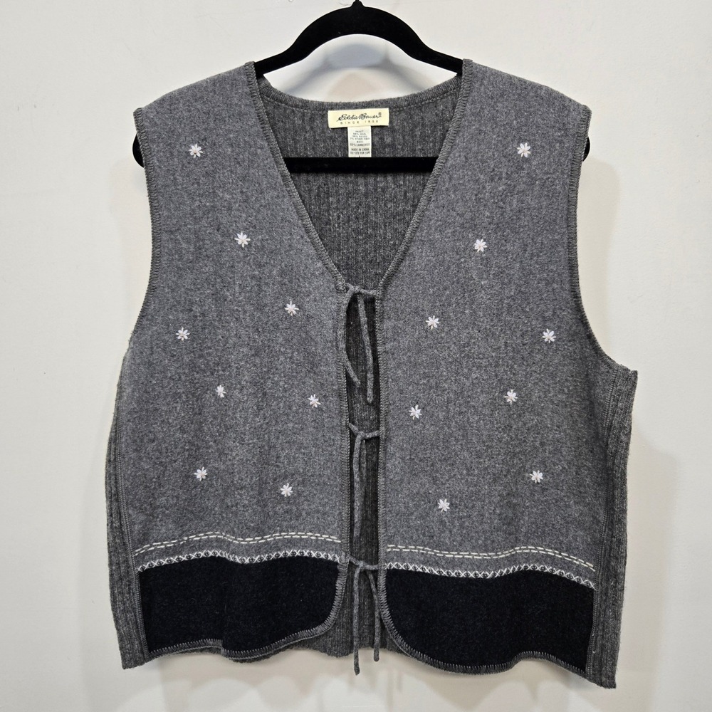 Vintage Y2K Eddie Bauer Sweater Vest Womens L Gray Wool Embroidered Cottagecore